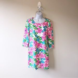 Mahi Gold Pink Floral Mini Dress 3/4 Sleeve Scuba Knit Stretch Women’s Small